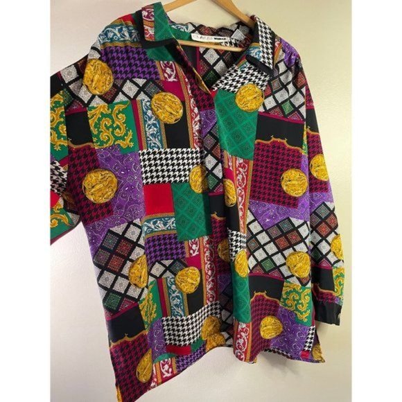CHAUS Woman Plus Size Bold Geometric Multi Prints Button Blouse - Picture 5 of 6